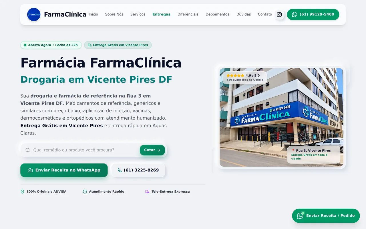 Site da FarmaClínica, farmácia em Vicente Pires: busca de remédio, botões de contato por WhatsApp e telefone, e foto da fachada da loja com a nota do Google.