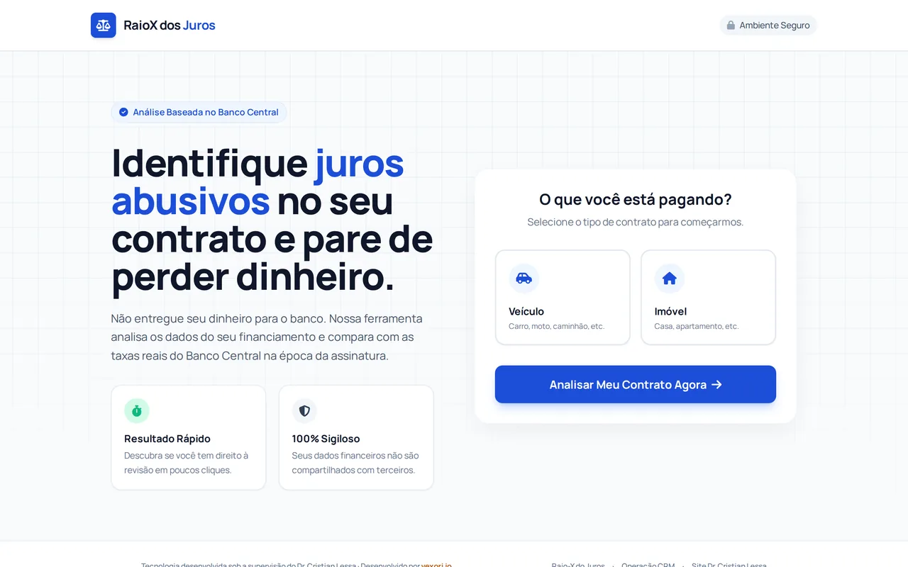 Landing page RaioX dos Juros, do Dr. Cristian Lessa: chamada sobre identificar juros abusivos no contrato e um seletor de veículo ou imóvel que inicia o diagnóstico.